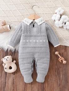 SHEIN 婴儿毛衣，新生儿男女款高领长袖针织连脚连体衣，秋冬舒适，优雅时尚，适合居家、日常穿着和旅行 - 灰色 - 查看 2