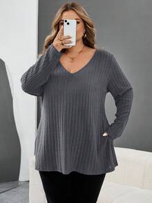 SHEIN CURVE+ Áo thun cổ chữ V viền gân màu xanh cỡ lớn, quần áo thu đông cho nữ, mùa đông, CONG CỠ LỚN/Mùa thu/Mùa đông - Màu xám đen - Xem 8