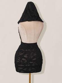 SHEIN ICON 女式性感低胸做旧面料连帽紧身迷你连衣裙 - 黑色 - 查看 7