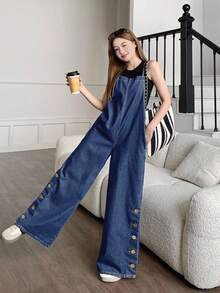 SHEIN 2025 新款亚麻休闲度假纯色百搭连体裤，适合少女，春夏季，修身青春，宽松版型，侧袋，露背，高腰阔腿裤，适合夏季家庭出游，商务休闲女士 - 中等水洗藍 - 查看 3