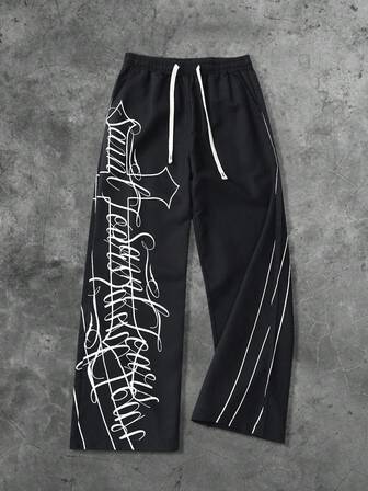 Street Life Pantalon large tissé pour hommes avec graphique de lettre américaine, automne