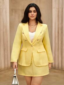 Flirla Conjunto de 2 Peças Plus Size: Elegante Blazer de Tweed de Manga Longa Ajustado + Conjunto de Saia Mini Chique e da Moda, Casual Executivo