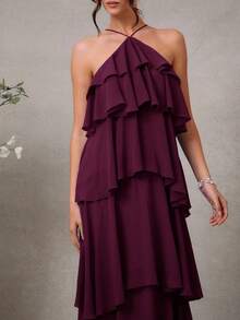 L'Amorae 优雅浪漫婚礼宾客纯色露背分层雪纺长裙 - Red Plum - 查看 5