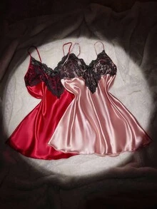 SHEIN 2 件套女士性感深 V 睡袍，撞色蕾丝缎面加大码睡衣 - 彩色 - 查看 5