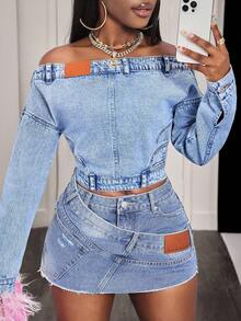 BamGleam Fashionable Casual Shoulder Denim Top For Women - Blue - View 7