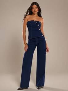 SHEIN BAE Women's Bandeau Top With Single-Breasted Design And Flare Pants Fashion Set - Medium Wash - View 1