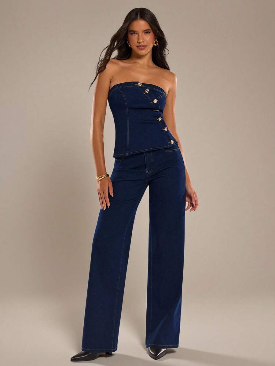 SHEIN BAE Women's Bandeau Top With Single-Breasted Design And Flare Pants Fashion Set - Medium Wash - View 1