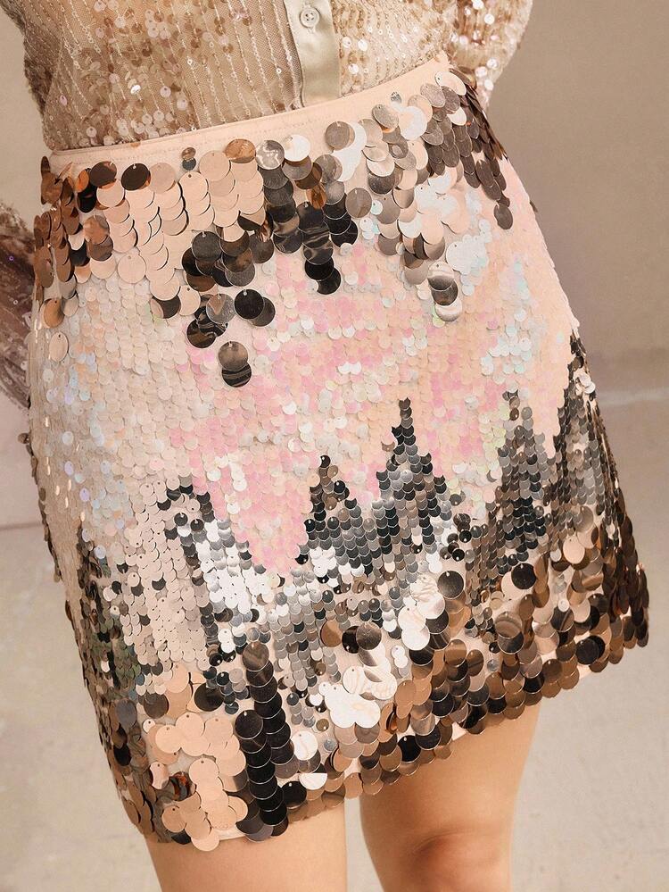Elegant Champagne Color Sequin Mini Skirt For Women, New Autumn Collection