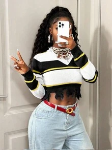 BamGleam Women's V-Neck Long Sleeve Blue & White Striped Distressed Fringe Pullover Sweater, Minimalist Sexy Street Style