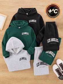 SHEIN 6 件儿童/青少年男童休闲字母图案连帽运动衫和宽松针织裤 2 件套，3 种颜色（红色、黑色、灰色），适合通勤、上学、日常休闲、旅行、运动、所有季节 - 墨綠色 - 查看 5