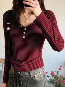 EMERY ROSE Women's Casual Striped Long Sleeve T-Shirt, Autumn