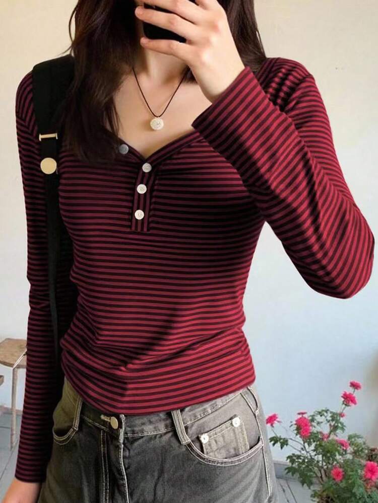 EMERY ROSE Women's Casual Striped Long Sleeve T-Shirt, Autumn | SHEIN USA