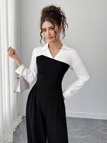 2件套青少年春秋款黑色拼布白衬衫长袖+休闲裤 - 黑色 - 查看 6