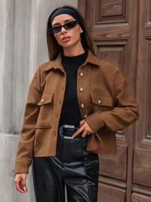 SHEIN Cottnline 女式纯色落肩长袖单排扣实用口袋休闲夹克，秋季 - 摩卡棕 - 查看 3