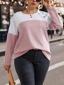 SHEIN LUNE Plus Two Tone Button Detail Raglan Sleeve Tee Graphic Tees Women Tops - Pink - View 1