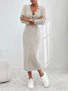 SHEIN V Neck With Button Midi Sweater Dress Casual Elegant Simple - White - View 9