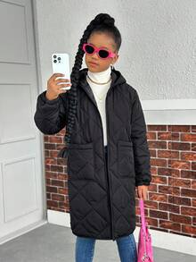 SHEIN Abrigo acolchado largo y cálido con patrón de diamantes básico informal para niñas preadolescentes, adecuado para otoño/invierno
