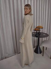 MUSERA Longline Fine Knit Button Down Split Back Cardigan And Mini Skirt Set Cute Classy Casual Streetwear Sexy Going Out Fall Autumn Toffee Evening Party Elegant  Winter  Spring - Apricot - View 3