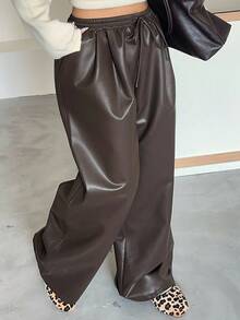 Dazy Plus 大码女式宽松直筒PU皮裤，腰部抽绳，休闲街头风格，适合秋冬季 - 棕色 - 查看 4