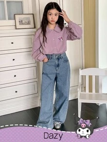 DAZY HELLO KITTY AND FRIENDS | SHEIN 青少年女孩撞色蕾丝花边领灯笼长袖衬衫，秋季 - 紫色 - 查看 2