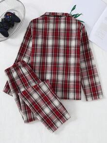 2pcs/Set Tween Boy Casual Plaid Long Sleeve Top And Loose Fit Pants Loungewear Set Fall Winter - Red - View 2