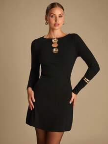 Enchnt Elegante abito a maniche lunghe con colletto vuoto in stile francese, decorato con fiori di rosa in metallo