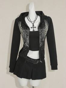 SHEIN ICON Y2K 女款万圣节哥特图案黑色秋冬翅膀印花长袖拉链前开休闲连帽衫 - 黑色 - 查看 7