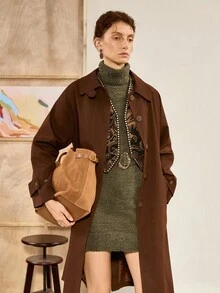 Chiquease Solid Color Casual Loose Knit Sweater Dress, Vintage High Neck Thick Sweater Dress - Army Green - View 6