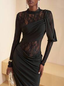 Zivah 新款秋冬优雅派对礼服，奢华高贵日常约会、生日派对、性感高端派对、夜店风、婚礼季宾客礼服、音乐节狂欢季婚礼宾客正式礼服、新娘礼服、高领长袖两件套连衣裙、蕾丝拼接针织面料、黑色透视连衣裙、紧身连衣裙、长款连衣裙、女士超长连衣裙 - 垂褶连衣裙 黑色透视连衣裙 优雅女士连衣裙 - 黑色 - 查看 2