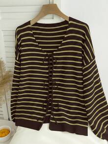 SHEIN EZwear Áo khoác cardigan dáng rộng thắt nơ kẻ sọc thường ngày cỡ lớn cho nữ, mùa thu/đông - màu xanh lá - Xem 3