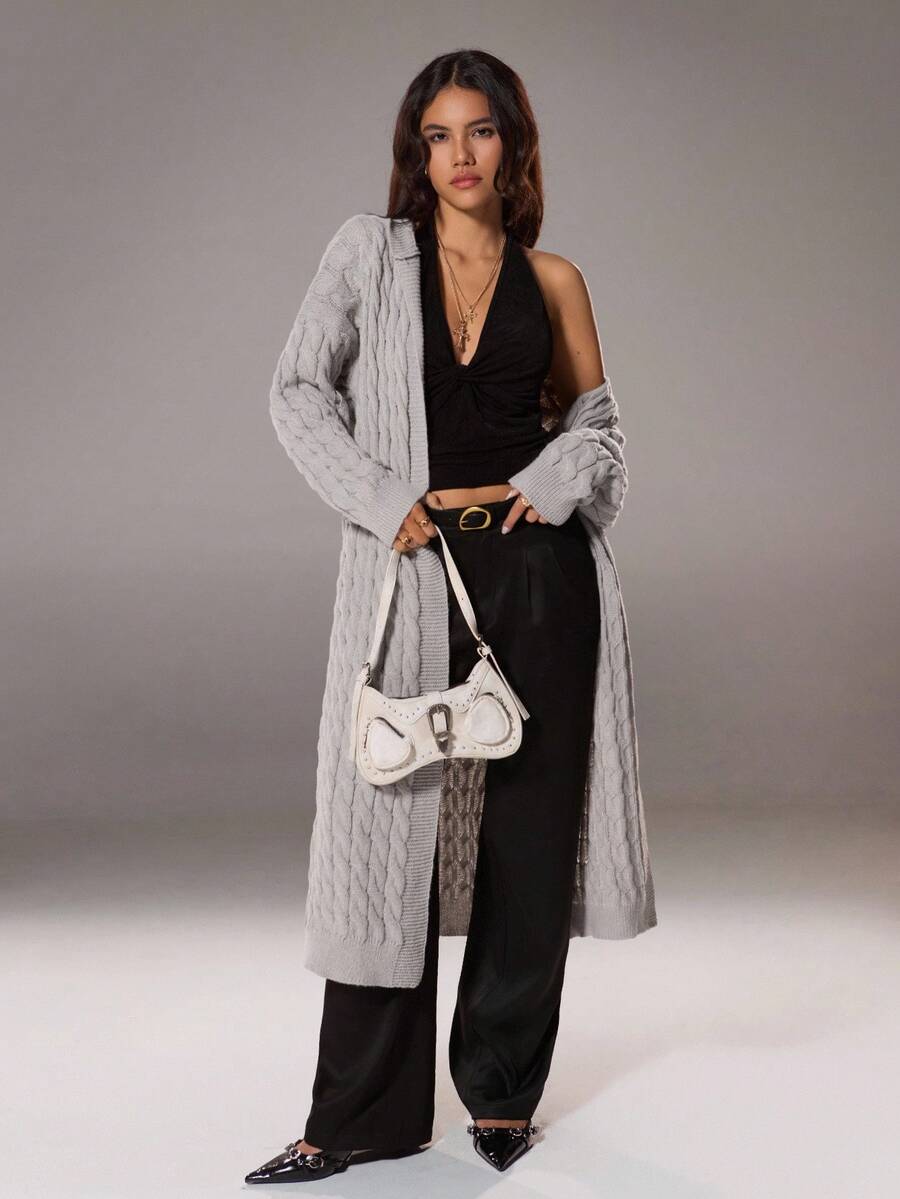 SHEIN Unity Áo khoác cardigan trùm đầu thời trang và đa năng, áo dài tay - Màu Xám nhạt - Xem 1