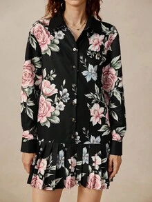Florisole Vestido con botones y dobladillo plisado con estampado floral vintage, estilo campestre, adecuado para maestras, manga larga, otoño - Negro - Ver 4