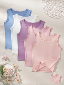 5pcs/Pack Girl's Underwear, Multi-Pack, Preteen Girls' Stylish Collar Thin Comfortable Knitted Undershirts Backto SchoolFashion Fall Winter