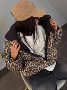 DAZY Leopard Print Padded Coat, Warm & Thick For Women, Autumn/Winter Jacket - Khaki - View 10