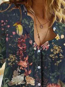 EMERY ROSE 花卉印花纽扣衬衫，春秋季休闲长袖翻领衬衫，女士服装 - 彩色 - 查看 3
