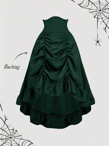 SHEIN MOD Rok Hijau Tua Berpinggang Tinggi Ukuran Besar, Gaun Formal Elegan Musim Gugur dengan Hem Asimetris, Bagian Depan Berlipit, Hem Berumbai yang Dapat Diatur, Desain Bolak-balik, Gaun Retro Vintage - Dark Green - View 2