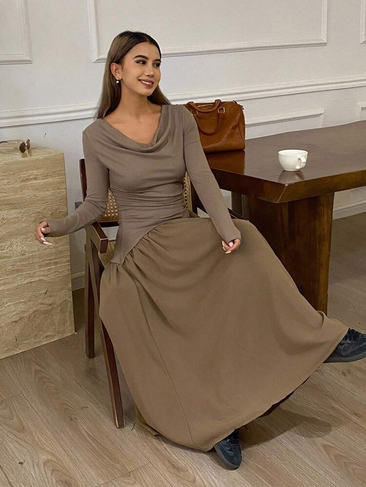 Patchwork Dress With Ruffle Collar, Long Sleeve, Cinched Waist, Pleated Flared Dress, Elegant For Formal Events, Autumn/Winter Maxi Dress