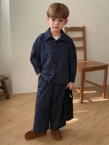 DAZY Young Boy Casual Striped Shirt And Pants Set - Navy Blue - View 3