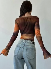 Firerie Women's New Elegant Minimalist Daily Casual Commute Versatile Brown Tie Dye Print Asymmetric Collar Long Sleeve Fitted Bodysuit, Autumn Fashion, Going Out Tops For Women, Airport Outfit For Women - Multicolor - View 7