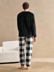 Men 2pcs Set: Solid Long Sleeve Round Neck Top And Plaid Long Pants Loungewear, Fall Winter Clothes, Fluffy Pajama, Cozy - Black - View 2