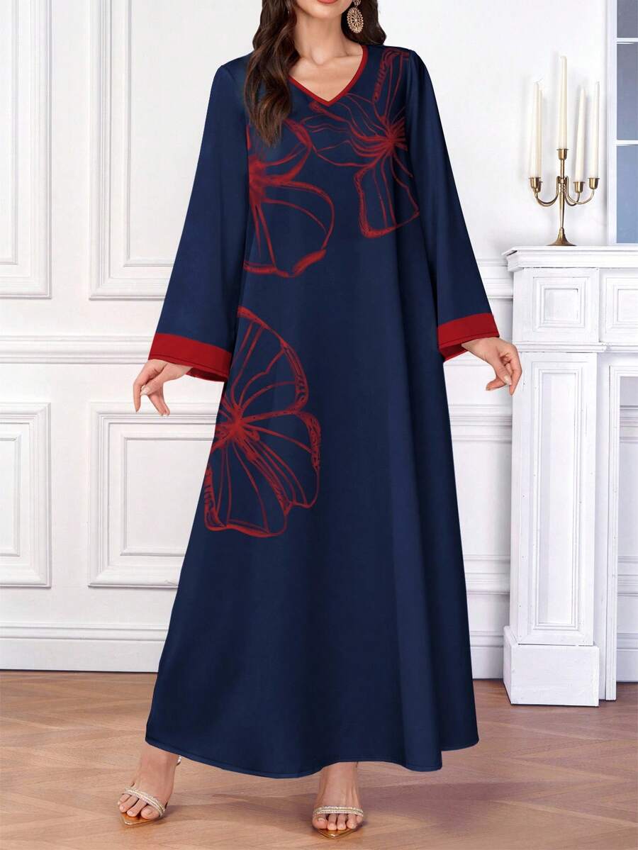 SHEIN Najma 女式复古红线花卉数码印花 V 领长袖优雅阿拉伯连衣裙，春秋 - 彩色 - 查看 1
