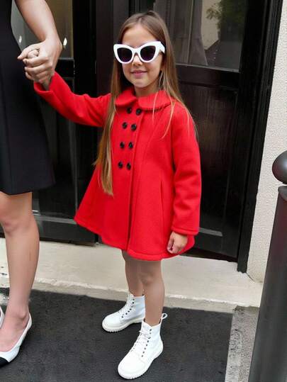 Elladie kids Young Girls Cute Double-Breasted Red Fashionable Long Sleeve Jacket With Pockets, Autumn/Winter Fall