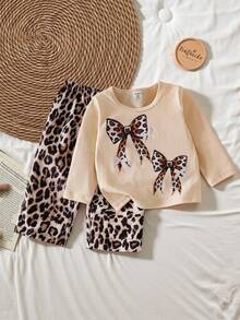 SHEIN Baby Girl Leopard Print Bow Decor Round Neck Long Sleeve T-Shirt And Leopard Print Pants Casual Outfit Fall Winter