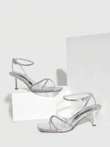 CUCCOO SZL 性感新款夏季金色交叉带时尚迷人性感女士高跟凉鞋，细带方头细高跟露趾凉鞋 - 銀色 - 查看 1