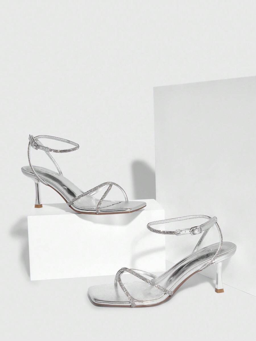 CUCCOO SZL 性感新款夏季金色交叉带时尚迷人性感女士高跟凉鞋，细带方头细高跟露趾凉鞋 - 銀色 - 查看 1