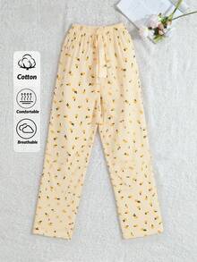 EURMUSE Women Lemonade Pattern With Fake Drawstring Detail Homewear Sleep Bottoms - Yellow - View 1