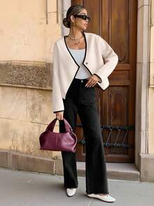 SHEIN Frenchy 女士秋冬休闲大衣，饰有滚边，适合秋冬季通勤、简约时尚、复古风等日常穿着。 - 杏色 - 查看 4