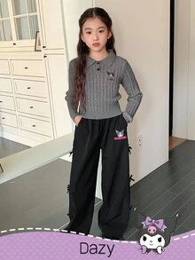 DAZY HELLO KITTY AND FRIENDS | SHEIN 少女卡通刺绣麻花针织圆领毛衣 - 灰色 - 查看 2