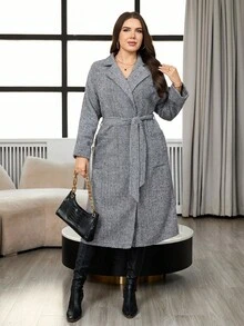 Modelyn 大码女式时尚休闲腰带翻领羊毛大衣 - 淺灰色 - 查看 5