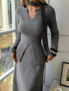 DAZY Bộ 2 món áo len và chân váy xẻ tà cổ chữ V màu trơn thanh lịch dành cho nữ, mùa thu - Xám - Xem 4